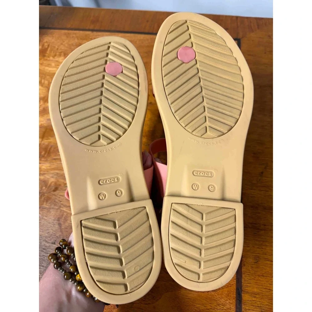 Crocs Tulum Sandal Pink Tan Ankle Strap Buckle Thong Flat Shoes Womens 9